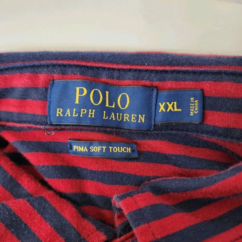 RALPH LAUREN POLO Shirt Mens XXL Blue Red Stripes PIMA SOFT TOUCH Casual Preppy
